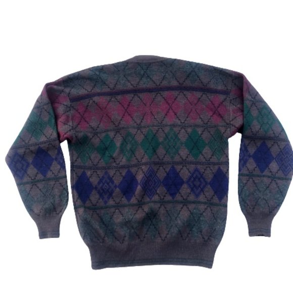 Italian Brown Argyle Wool Blend V-Neck Cardigan Grandpa Menswear Sweater - Picture 4 of 16